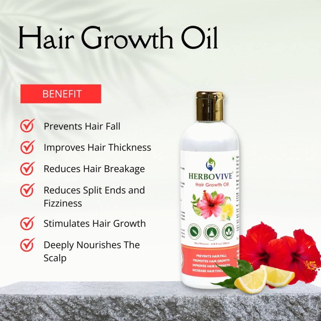 Product benefits graphic for Herbobive Hair Growth Oil, featuring a clean layout with checkmarks detailing advantages like preventing hair fall, improving thickness, and stimulating growth. An example of informative product marketing design for hair care