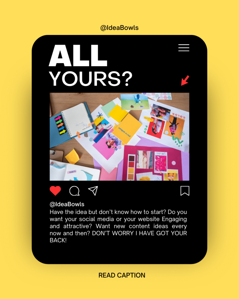 Social media post design example for IdeaBowls, featuring a simulated Instagram interface with a creative flat lay image and engaging copy addressing content creation and marketing challenges. Demonstrates expertise in social media graphic design and copywriting