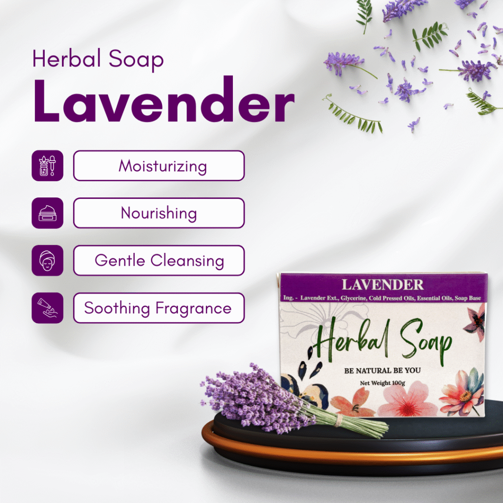 Product spotlight graphic for Lavender Herbal Soap, showcasing key benefits (Moisturizing, Nourishing, Gentle Cleansing, Soothing Fragrance) and packaging details. An example of clean, informative product design for e-commerce.