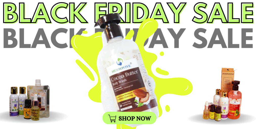 E-commerce promotional banner design for Herbobive's Black Friday Sale, emphasizing a hero product (Cocoa Butter Body Wash) amidst a wider product range. Demonstrates compelling sales graphic creation.