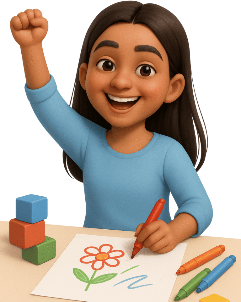 3d avatar of a person sketching and toy blocks lying around.