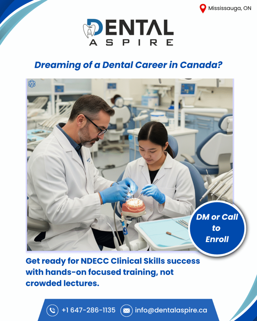 Marketing graphic for Dental Aspire, targeting aspiring dentists in Canada. Features an engaging image of clinical training and a clear call to action for NDECC Clinical Skills prep. An example of effective educational program promotion.
