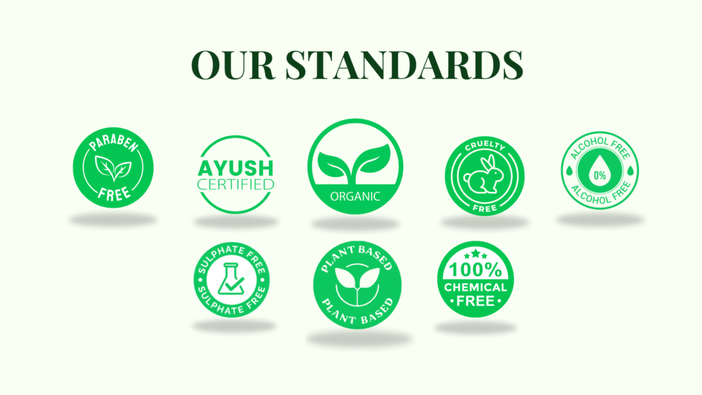 Informative graphic titled 'OUR STANDARDS' for Herbobive, displaying nine eco-friendly and ethical certifications/attributes. An example of clear iconographic design for brand transparency and trust-building.