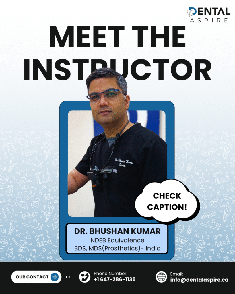 Instructor profile design for Dental Aspire, introducing Dr. Bhushan Kumar with his qualifications for NDECC Equivalence. Demonstrates clean and professional portrait layout for educational institution staff features.