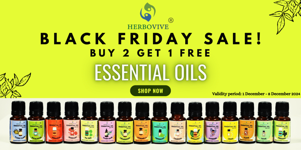 Promotional banner design for Herbobive's Black Friday Sale on Essential Oils, clearly showing the 'Buy 2 Get 1 Free' offer and displaying the full range of available oils. An example of a product-specific sales graphic for an e-commerce brand.