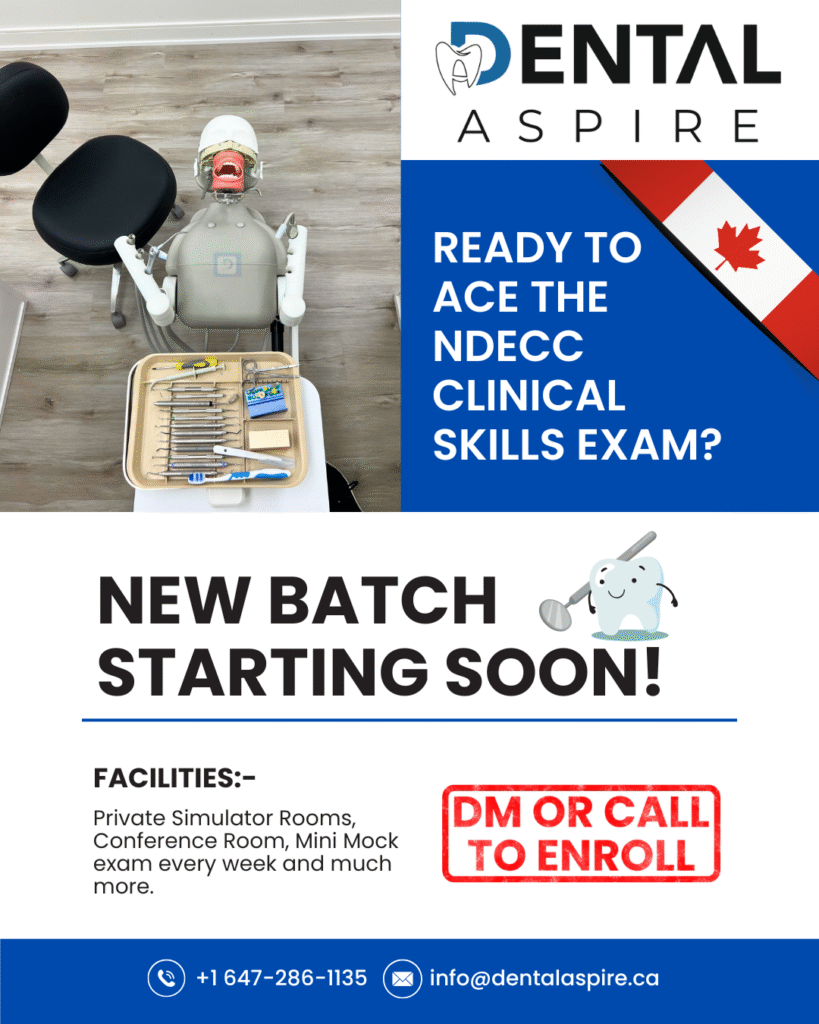 Enrollment graphic for Dental Aspire's NDECC Clinical Skills Exam preparation. Features course benefits, facilities, and a strong call to action for new batches. An example of effective educational program registration design.