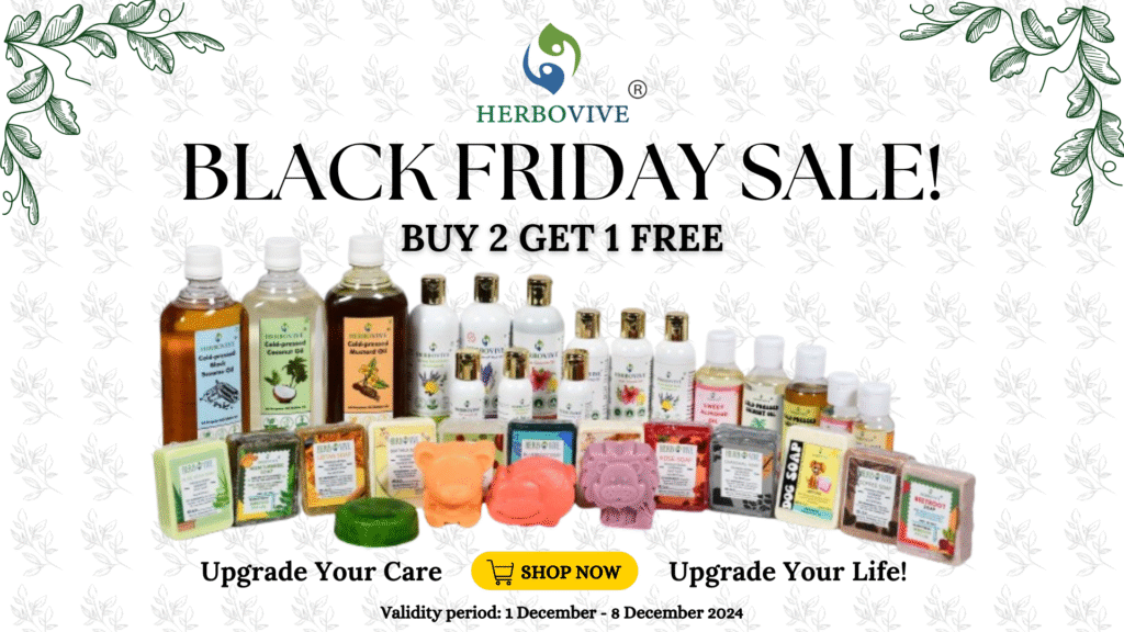 Large format promotional banner design for Herbobive's Black Friday Sale, showcasing diverse products and a 'Buy 2 Get 1 Free' offer. Effective e-commerce sales campaign graphic example with a clear validity period.