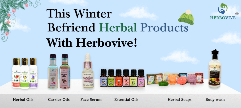 Seasonal marketing banner design for Herbobive's Winter Herbal Products, featuring a warm, inviting aesthetic and displaying various product categories. An example of effective seasonal campaign visuals for a natural brand.