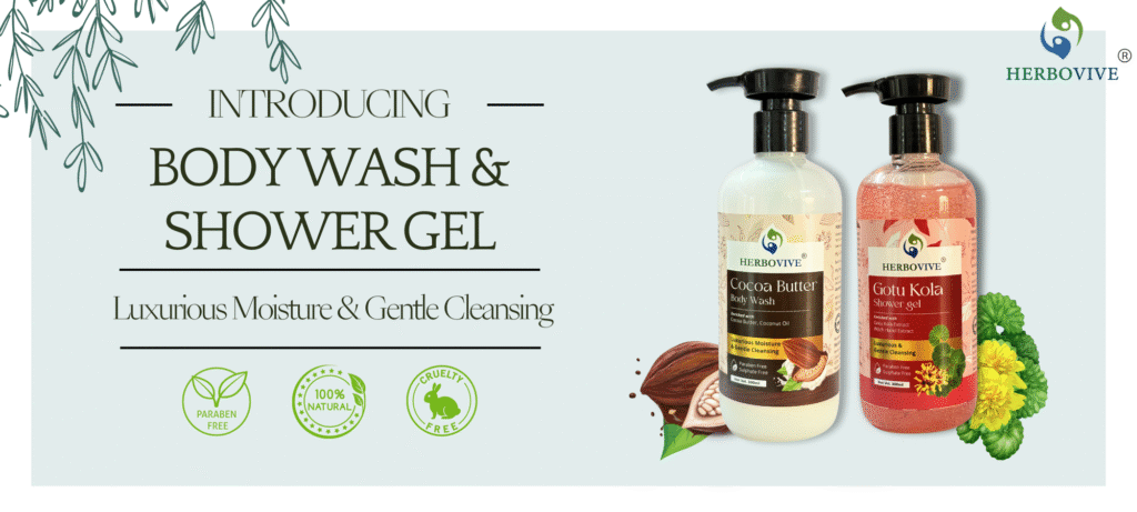 Launch banner design for Herbobive's new Body Wash & Shower Gel collection (Cocoa Butter and Gotu Kola variants), emphasizing luxurious moisture, gentle cleansing, and natural attributes. An example of engaging new product announcement graphics.