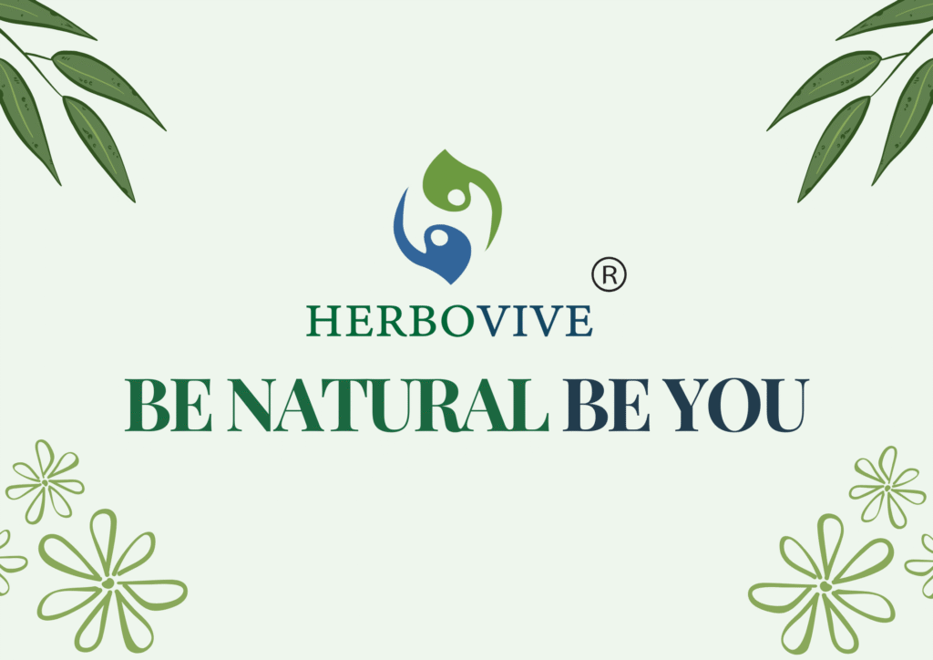 Brand identity graphic for Herbobive, showcasing their logo and tagline 'BE NATURAL BE YOU'. Demonstrates clean and natural-themed branding design.
