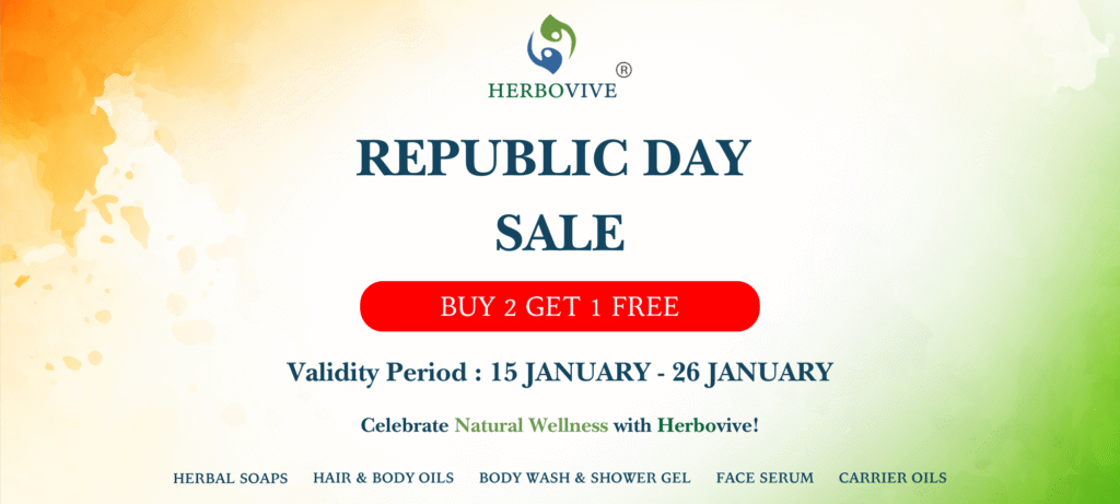 Promotional banner design for Herbobive's Republic Day Sale, showcasing an Indian flag-inspired background with a 'Buy 2 Get 1 Free' offer and product categories. An example of a festive e-commerce sales graphic