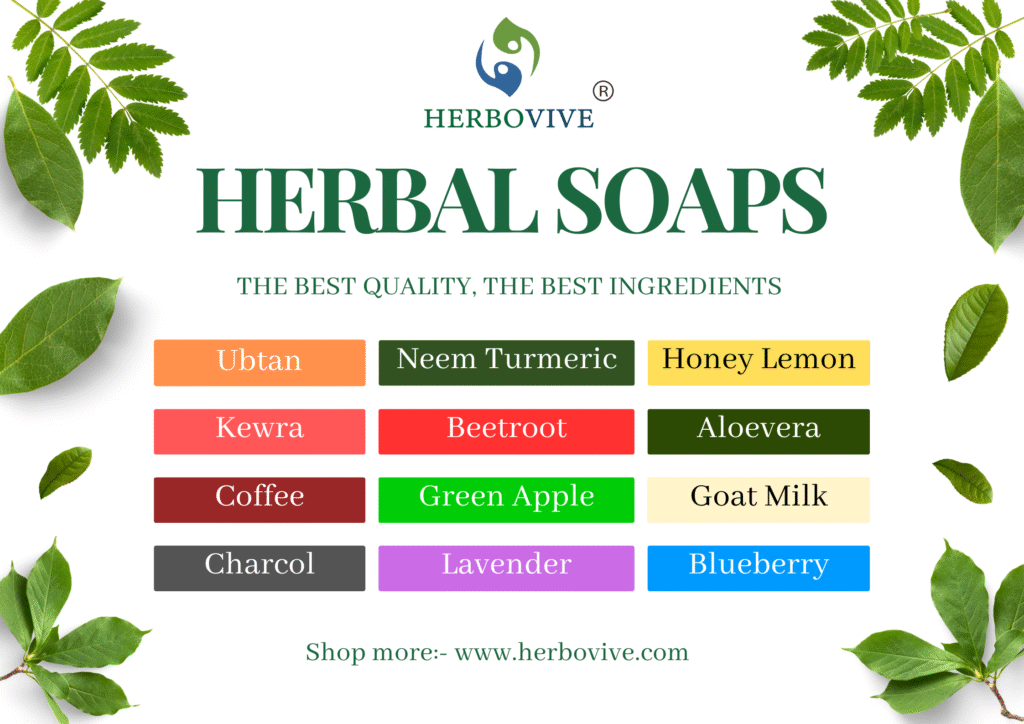 Promotional graphic for Herbobive Herbal Soaps, featuring a vibrant layout and showcasing 12 natural soap types: Ubtan, Neem Turmeric, Honey Lemon, Kewra, Beetroot, Aloevera, Coffee, Green Apple, Goat Milk, Charcoal, Lavender, and Blueberry. A static design example for web portfolios.
